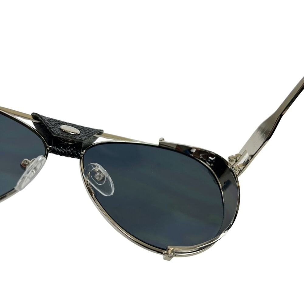 AVIATOR Black Faux Leather Metal Frame Large Sunglasses Sun Glasses Fashion - Picture 12 of 15